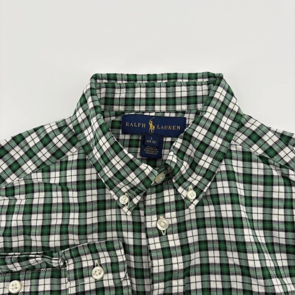 Ralph Lauren Youth Boy's XL (18/20) L/S Green Plaid Button Up Shirt Pony Logo
